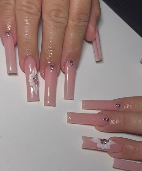 Long Square Acrylic Nails Pink Simple, Simple Pink Nails With Rhinestones, Long Acrylic Nails Square Ideas Simple, Simple Latina Nails, Nude Pink Nails With Rhinestones, Maybe Nails, Long Square Acrylic Nails Designs Simple, Acrylics With Rhinestones, Nude Acrylic Nails With Rhinestones