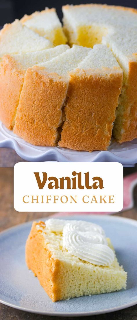 This Vanilla Chiffon Cake is light, airy and fluffy! Its totally perfect on its own but also great with your favorite glaze and frosting. Light Fluffy White Cake, Light Fluffy Vanilla Cake, Light And Fluffy Vanilla Cake, Soft Fluffy Vanilla Cake Recipe, Chiffon Sheet Cake, White Chiffon Cake Recipe, Coconut Chiffon Cake, Chiffon Cake Flavors, Easy Chiffon Cake Recipe