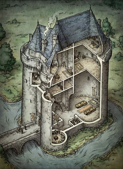 Inside Of A Castle Drawing, Inside A Castle Drawing, Small Castle Interior, Small Castle Layout, Castle Cutaway, Medieval Castle Interior, Medieval Castle Layout, Castle Bridge, Castle Keep