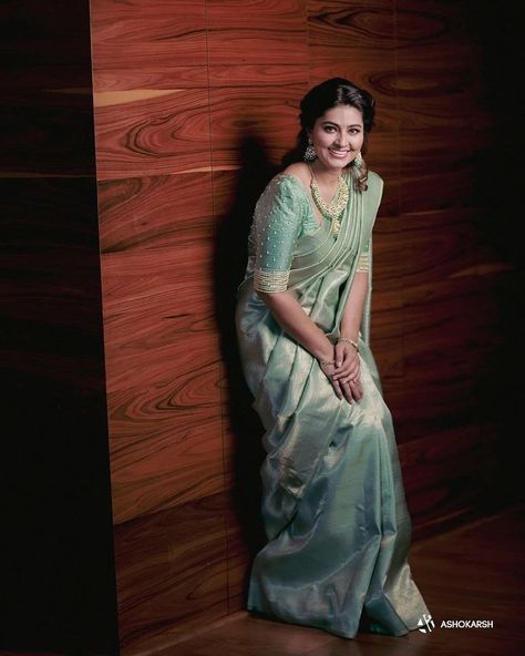 Mint Green Silk Saree, Mint Green Saree, Sneha Prasanna, Actress Sneha, Indian Wedding Reception Outfits, Green Silk Saree, Saree Color Combinations, South Indian Bride Saree, Bridal Sarees South Indian