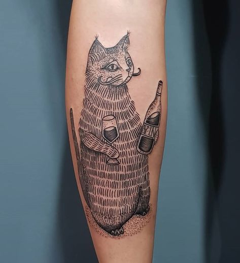 Sophisticated cat drinking wine by Sofia, an artist at the Black Tattoo Studio in Morón, Argentina. Wine Tattoo For Men, Cat Wine Tattoo, Mermaid Sleeve Tattoos, Wine Glass Tattoo, Wine Tattoo, Funny Tattoo, Glass Tattoo, Glasses Tattoo, Cat Wine