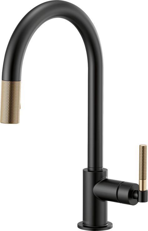 BRIZO LITZE PULL DOWN FAUCET WITH ARC SPOUT AND KNURLED HANDLE : 63043LF-BLGL | ROBINSON Litze Kitchen Faucet, Gold Faucet Kitchen, Black Kitchen Faucet, Gold Faucet, Pull Down Kitchen Faucet, Pex Tubing, Kitchen Faucets Pull Down, Black Kitchen Faucets, Black Kitchen