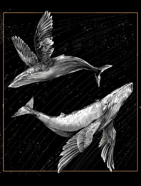 Shark Art Cool Flying Aesthetic Wings, Fantasy Whale Art, Sky Whale Tattoo, Sky Back Tattoo, Flying Whale Tattoo, Whale Surrealism, Flying Whale Art, Bird Flying Drawing, Fish With Wings