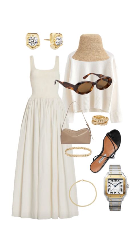 Knit cotton cream dress | gucci sunglasses | black sandals | cartier watch | straw bucket hat | luxury outfit | vacation outfit Luxury Outfit, Straw Bucket Hat, Stylish Summer Outfits, Cotton Maxi Dress, Stylish Work Outfits, Easy Trendy Outfits, Cotton Maxi, Maxi Dress Cotton, Summer Fashion Outfits