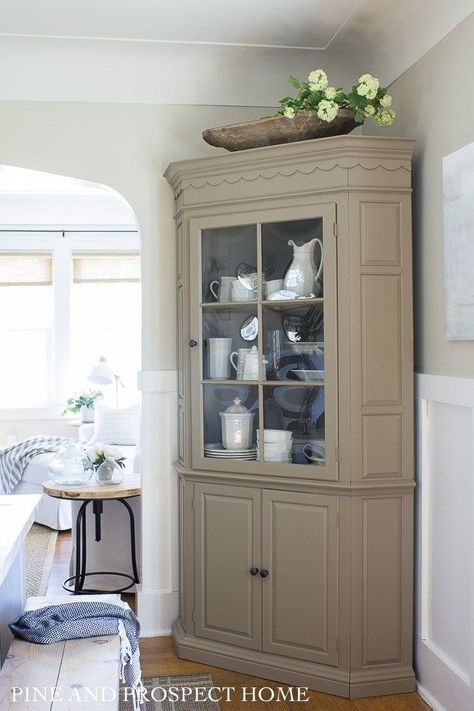 Corner Cabinet Hutch, Dining Cabinets Ideas, Antique Corner Cabinet Makeover, Corner Cabinet Redo Ideas, Small Dining Room Storage Cabinet, Corner Cabinets Dining Room, Corner Hutch Makeover, Corner Hutch Dining Room, Kingsport Gray