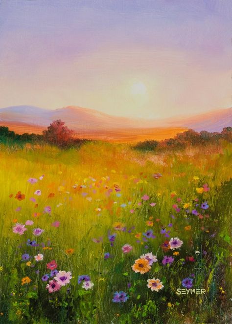 A Field Of Flowers, Country Paintings, Field Of Flowers, Time Painting, Landscape Art Painting, Floral Oil Paintings, Framed Oil Painting, Summer Landscape, Rustic Wall Art