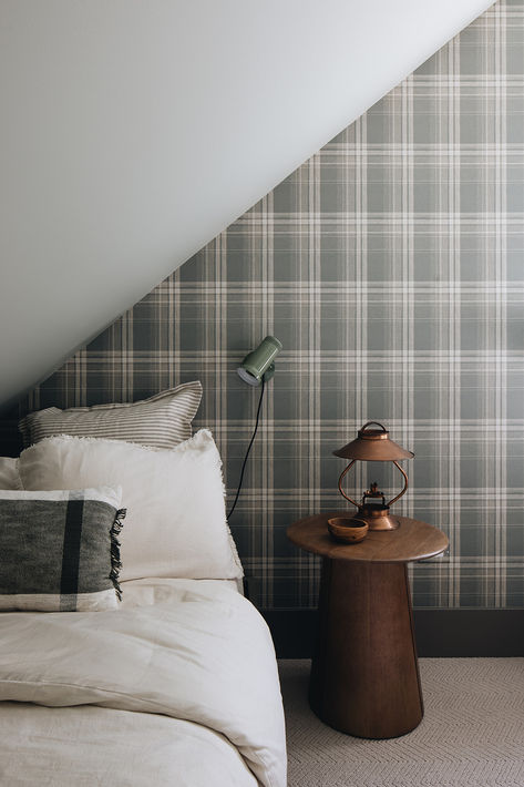 Complete with a green plaid wallpaper, Schoolhouse wall sconce reading lights and custom platform beds, this bunk room creates a cozy spot to settle after a day at the lake or on the slopes.   Design by Two Hands Interiors. View more of this lake house on our website.  #lakehouse #bunkroom Wallpaper Behind Bunk Beds, Lake House Bunk Rooms, Green Plaid Wallpaper, Day At The Lake, Reading Lights, Plaid Wallpaper, Cozy Spot, Platform Beds, Bunk Room