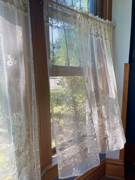 Window Curtains Bedroom Aesthetic, Old Lace Curtains, Coquette Room Curtains, Fairycore Curtains, Lace Curtains Aesthetic, Lacy Curtains Aesthetic, Lace Cafe Curtains Vintage, White Lace Curtains Aesthetic, Lace Curtains