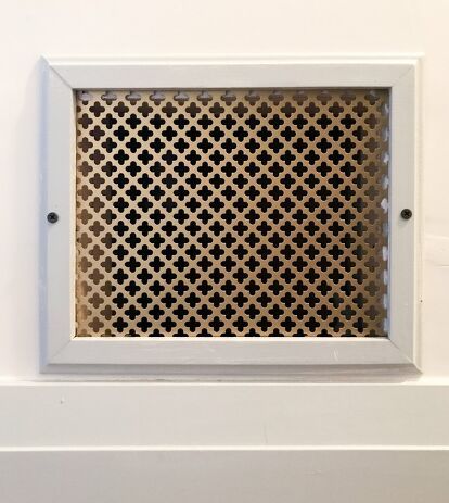 After a recent renovation we ended up with a cold air return that was an unusual size. We could not find a cover that we liked the look of, so I created a custom cold air return vent cover using sheet metal and thin decorative trim. Determine the size of vent cover you need and cut the trim pieces with 45◦ mitre cuts to create a frame. If you have a router, you can create a channel on the back of the trim for the sheet metal to sit in, but this is optional. Use strong glue to attac… Metal Privacy Panels, Vent Covers Diy, Diy Drum Shade, Decorative Metal Sheets, Air Return Vent Cover, Cold Air Return, Diy Privacy Fence, Vintage Metal Trays, Air Return