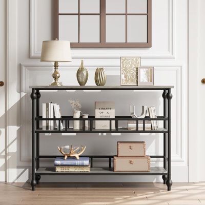 This rustic sofa table with open shelf is a versatile foyer table for your entryway. The 3-tier sofa table provides an ideal spot for additional storage, whether it be for books, plants, lamps, baskets, decorations or anything else. By fully utilizing the available space, you'll have all your daily essentials easily within reach, ensuring a neat living room and home. The long and skinny shape allows the industrial entryway table hidden behind the couch or under the window. Console table is craft Industrial Hallway Table, Behind Couch Table, Rustic Sofa Tables, Entryway Table With Storage, Narrow Entryway Table, Column Table, Narrow Entryway, Rustic Sofa, Behind Couch