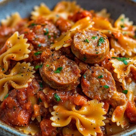 Tasty Recipes & Cooking Ideas by Thalia's Tasty | Italian Sausage with Bow Tie Pasta | Facebook Sausage And Bow Tie Pasta Recipe, Firehouse Meals, Bow Tie Pasta Recipe, Pasta Farfalle, Chorizo Pasta, Bow Tie Pasta, Pasta Spaghetti, Pasta Ingredients, Bowtie Pasta