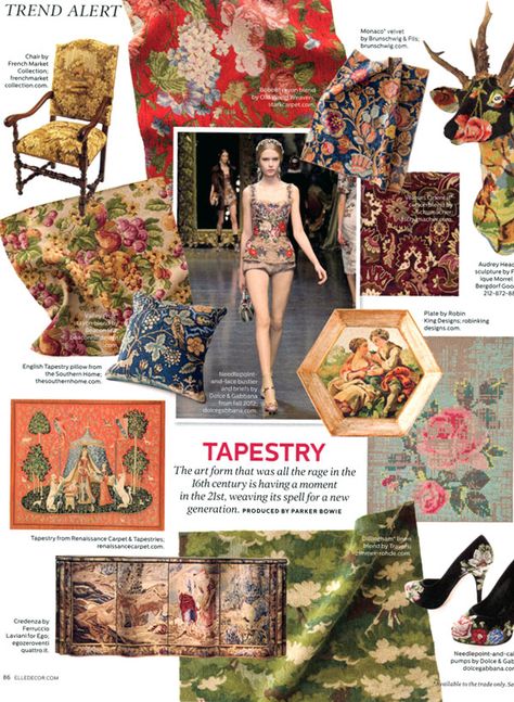 Trend Alert: Tapestry Material Board Fashion, Mood Board Fashion Inspiration, Elle Decor Magazine, Ikat Art, Materials Board Interior Design, Presentation Boards, Robert Allen Design, King Design, Upholstery Furniture