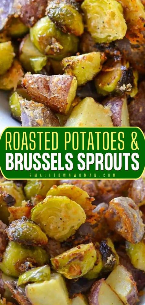 Want more easy side dish recipes? These oven-roasted vegetables are perfect! Flavorful with a crisp crunch, these parmesan roasted potatoes and brussels sprouts are sure to be a hit with the whole family. Try this veggie recipe for dinner! Shake And Bake Recipe, Thanksgiving Side Dishes Crockpot, Thanksgiving Side Dishes Healthy, Shake And Bake, Parmesan Roasted Potatoes, Thanksgiving Side Dishes Easy, Roasted Vegetable Salad, Thanksgiving Food Sides, Purple Potatoes