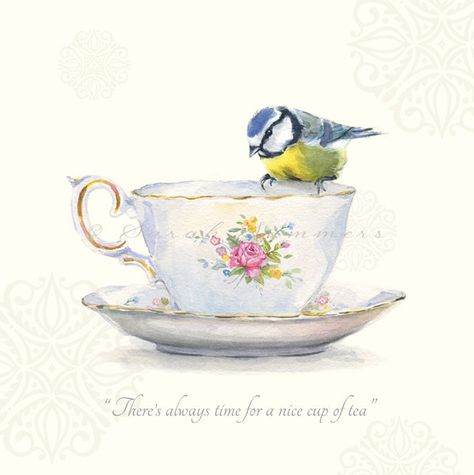 Tea Cup Drawing, Tea Cup Art, Sipping Tea, Cup Art, Tea Art, Deco Floral, Fun Cup, Watercolour Tutorials, Watercolor Bird