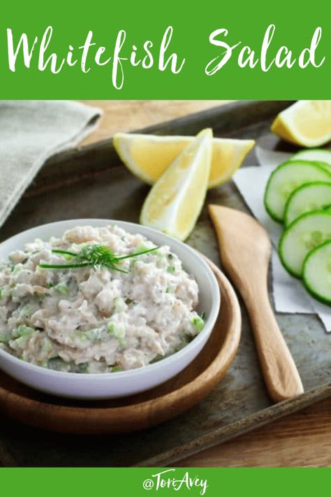 Whitefish Salad - The history of smoked fish, "appetizing," and a recipe for Jewish whitefish salad with celery and herbs. | ToriAvey.com #Jewish #koshercooking #whitefish #jewishdeli #TorisKitchen Craving Recipes, Deli Salad, Jewish Dishes, Whitefish Salad, Shabbat Recipes, Jewish Foods, Kosher Cooking, Jewish Cuisine, Healthy Diets