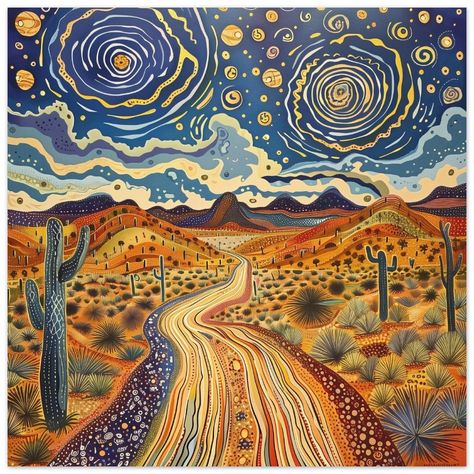 The road to the desert, with cacti and shrubs on both sides of it，Starry sky, featuring colorful patterns and shapes in abstract art style, high contrast between light and dark, warm tones, and bold colors. The background is an orange-brown sand dune landscape with spiral swirls of white dots swirling around. A winding path leads through the desert towards distant mountains. The heavier-weight, white, premium matte paper has a natural, smooth uncoated finish that feels luxurious to the touch.   Features:   The 200 gsm/ 80 lb paper weight makes it durable and long-lasting. We use FSC-certified paper or equivalent certifications depending on regional availability. It's better for the people and the planet.  Each poster is shipped in robust packaging, ensuring it arrives safe and secure. Pape Modern Western Home, Patterns In Art, Western Landscape Art, Modern Western Home Decor, Nature Abstract Art, Dune Landscape, Desert Landscape Painting, Aspen Art, Winding Path