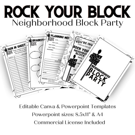 Get ready to turn your neighborhood into the ultimate party central with our "Rock Your Block" Neighborhood Block Party Templates! Designed with simplicity in Mind. These templates are your secret weapon for hosting the most unforgettable block party on the block. Neighborhood Events, Neighborhood Block Party, Neighborhood Party, Evaluation Form, We Rock, Block Party, Party Kit, The Neighborhood, Fall Festival