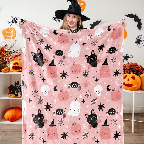 PRICES MAY VARY. WHAT YOU WILL GET: 1Pcs Halloween theme fuzzy blanket is included in the package, it will be an ideal accessory to meet your various needs. CUTE DESIGN: Our fuzzy blanket featuring Halloween theme, adopts cute cartoon design with pumpkins, bats, ghosts, skulls and spiders, mainly colored in pink, vivid and delicate, will nicely increase the fun and festive atmosphere. PREMIUM MATERIAL: Made of quality flannel material, thick and soft, sturdy and durable, not easy to fade or defo Blanket Halloween, Ghost Bat, Fuzzy Blanket, Halloween Blanket, Pink Halloween, Flannel Blanket, Sofa Couch, Throw Blanket, Ghost