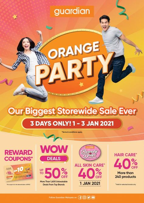 Guardian Orange Party Sale Up To 50% OFF & FREE Reward Coupons from 1 January 2021 until 3 January 2021 9.9 Sale Poster, Reward Poster Design, Promo Design Poster, Ads Design Advertising Ideas, Reward Poster, Party Design Poster, Shopping Ads, Ads Poster, Poster Sale