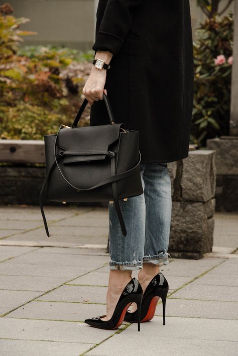 THE GREY EDIT // Louboutin So Kate + Distressed Denim + Men's Coat + Céline Black Louboutin Heels Outfit, Kate Louboutin Outfit, So Kate Louboutin Outfit, Red Bottoms Outfit, Red Bottom Heels Outfit, Louboutin Outfit, Black Louboutin Heels, So Kate Louboutin, Black Heels Outfit