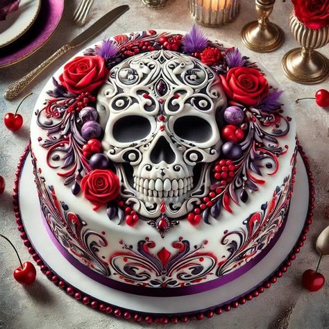 Sugar Skull Cakes, Day Of The Dead Cake, Gothic Cake, Funny Wedding Cakes, Skull Cake, Decorative Cakes, Funny Birthday Cakes, Heart Shaped Cakes, Halloween Flowers