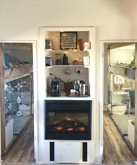 Coffee Bar In Rv, Rv Electric Fireplace, Fireplace Coffee Bar, Rv Bar Ideas, Rv Coffee Bar Ideas, Camper Coffee Bar, Rv Coffee Station, Rv Coffee Bar, Camper Fireplace