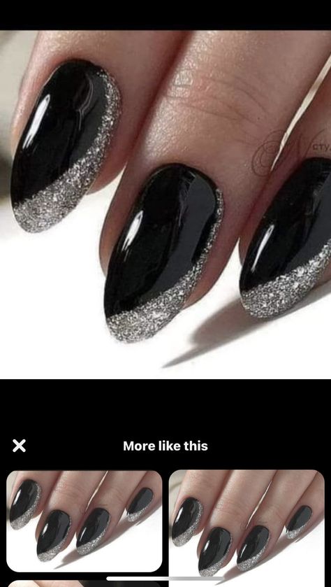 Gel Nails For Black Dress, Black And Silver Sparkle Nails, Black And Silver French Tip Nails, Black And Grey Nails Designs, Black Silver Nails Design, Black Silver Nail Art, Black Nails With Silver Glitter, Black Classy Nails, Black And Silver Nails Ideas