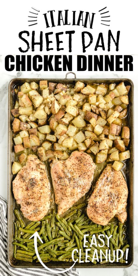 This Italian Chicken Sheet Pan Dinner recipe is a complete meal that cooks all together on one sheet pan. It’s a classic combination of chicken and vegetables that are seasoned with an Italian dressing mix for lots of flavor. Chicken Potatoes And Green Beans, Chicken Green Beans Potatoes, Chicken Sheet Pan Dinner, Chicken Sheet Pan, Potatoes And Green Beans, Chicken Green Beans, Sheet Pan Dinners Chicken, Easy Sheet Pan Dinners, Sheet Pan Chicken