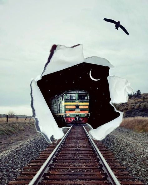 @the.libra.lounge on Instagram: “Coming through. #popphotography #popartphotography #photomanipulation #trainphotography #train #railwaytracks #surrealart” Surreal Collage Art, Surreal Collage, Paper Collage Art, Affinity Photo, Creative Photography Techniques, Surrealism Photography, Torn Paper, Wow Art, Foto Art