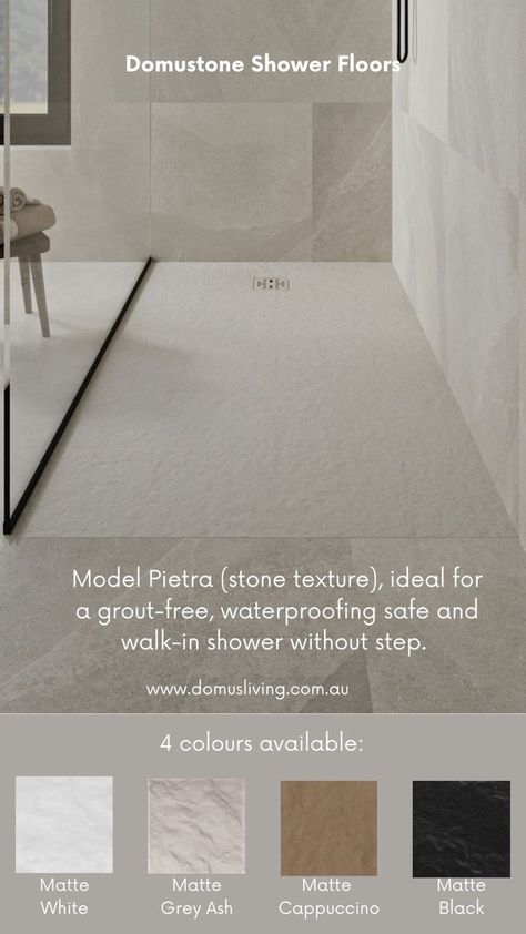 508 reactions · 38 shares | The only alterative to tiles in the shower: Domustone shower floor. Model Pietra (stone texture) is ideal for a grout-free, waterproofing safe and walk-in shower without step. | domus_living_australia Shower Base Tile Ideas, Wet Room Shower Floor Tiles, Solid Surface Shower Floor, Shower With Minimal Grout, Groutless Shower Floor, No Grout Shower Floor, Minimal Grout Bathroom, Large Slab Shower Tile, Tiling Shower Floor