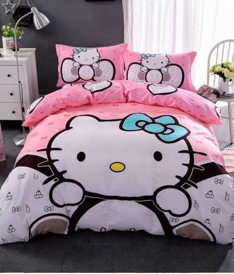 Bedroom Hello Kitty, Bed Twin Size, Hello Kitty Print, White Hello Kitty, Hello Kitty Decorations, Hello Kitty Bedroom, Hello Kitty Bed, Hello Kitty Theme, Quilt Duvet Cover