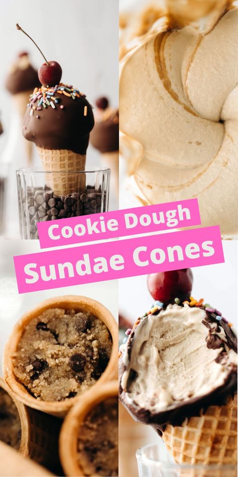 Creamy dairy-free ice cream (made in the blender!), scooped on top of cookie dough stuffed cones, dipped in chocolate, with a cherry on top! Stuffed Cones, Ice Cream Cones Recipe, Dipped Ice Cream Cones, Blender Ice Cream, Cake In A Cone, Ice Cream Shake, Frozen Dessert Recipe, Cookie Dough Ice Cream, Dairy Free Ice Cream