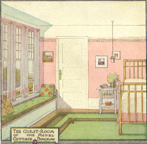 This 1911 bedroom was painted in these colors:  Ceiling: White flat paint  Walls: Flat-tone Shell pink  Trim: White enamel  Carpet and window seat: mid green  Bed: Brass Bedroom Furnishings, Flat Paint, Interior Painting, Green Bedding, Interior Paint Colors, Vintage Interiors, Bedroom Paint, Paint Schemes, Painting Bathroom