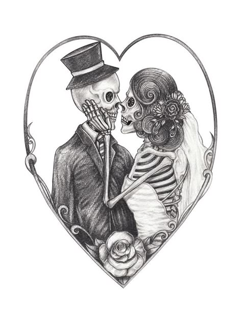 Skull Bride And Groom Tattoo, Skeleton Bride And Groom Tattoo, Skull Bride And Groom, Skeleton Couple Tattoo, New Age Tattoo, Hand Pencil Drawing, Skull Couple Tattoo, Age Tattoo, Couple Tattoos Love