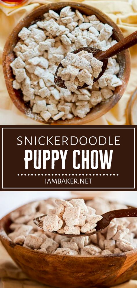 This back to school snack idea is great to have on hand! Snickerdoodle Puppy Chow is easy and fun to make with your kids. 5 ingredients are all you need to give the classic recipe an update. Everyone will love this addicting back to school treat! Save this and try it! Puppy Chow Recipe Without Peanut Butter, Puppy Chow Halloween, Puppy Chow Cookies, Chex Mix Recipes Original, Puppy Chow Christmas, Puppy Chow Chex Mix Recipe, Chow Puppy, Chex Mix Puppy Chow, Chow Recipe