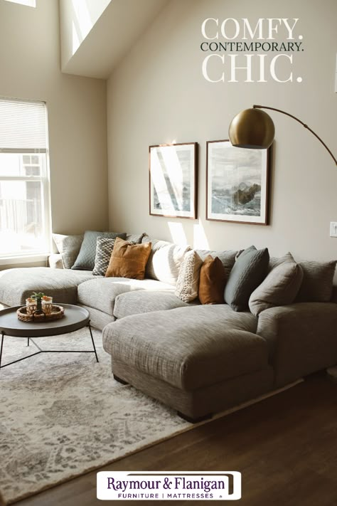 Dark Gray Sofa With White Pillows, Grey Couch Hardwood Floors, Rusty Hues Living Room, Living Room Throw Pillows Color Schemes, Colorful Living Room With Gray Couch, Living Room Designs With Grey Flooring, Grey Sofa Living Room Decor, Small Living Room With Sectional, Cozy Contemporary Living Room