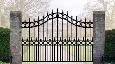 Iron Front Gate, Wooden Electric Gates, Iron Main Gate, Iron Main Gate Design, Exterior Door Designs, Iron Fences, Home Gate Design, Grill Gate, Grill Gate Design