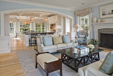 blue and white and hardwoods, white mouldings, white kitchen, natural light, open floorplan, arch House Of Turquoise, Casa Country, Design Jobs, A Living Room, Open Floor, Open Floor Plan, Open Concept, My Dream Home, Home Interior