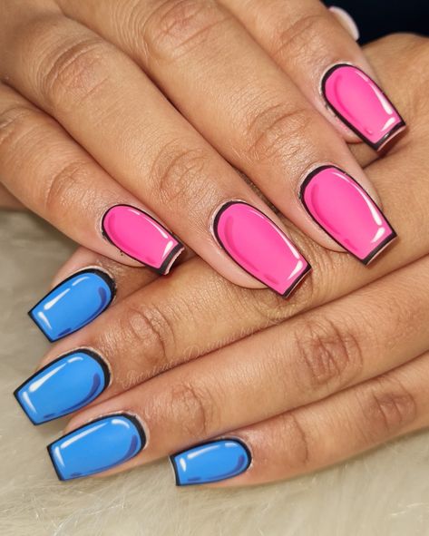 Pop art nails / Cartoon Nails / Acrylic Nails / Coffin shaped nails / Nail Art Blue Comic Nails, Cartoon French Tip Nails, Pop Art Nails Designs Simple, 80s Inspired Nails, Pop Art Nails Designs, 1950s Nails, Cartoon Nails Acrylic, Movie Nails, Comic Book Nails