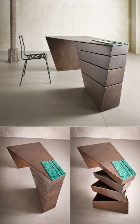 This twisted design appears almost sculptural. Unique Office Furniture, Desk Diy, Office Furniture Design, Smart Furniture, Creative Furniture, Desk Design, Room Interior Design, Skagen, Furniture Inspiration