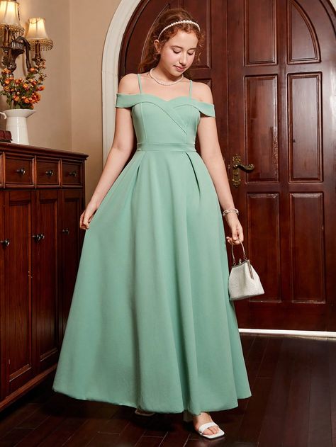 Green Party Collar Sleeveless Knitted Fabric Plain A Line Embellished Slight Stretch  Teen Girls Clothing Party Dress Teen, Party Dresses For Teens, Grade 8 Grad Dresses, Pleated Long Dress, Teen Girl Dresses, Family Party, Grad Dresses, Dresses For Teens