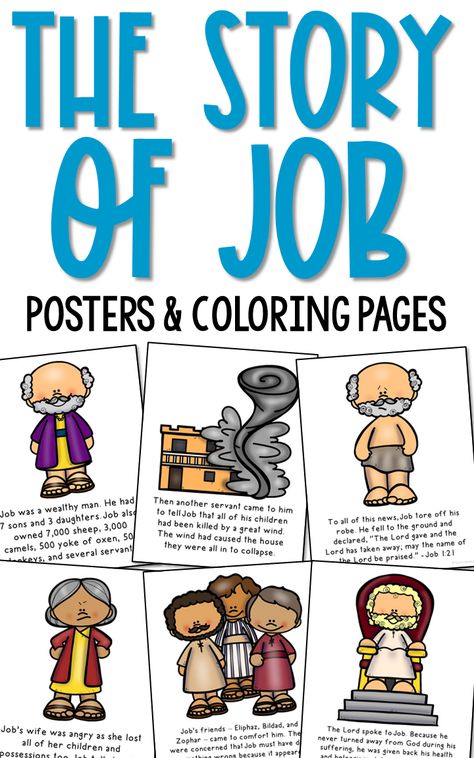 The Suffering of Job Bible Story for Kids. This set of 10 coloring pages and 10 posters have been created for easy preparation for your bible lesson. You'll receive instructions on how to turn these pages into a little theater and mini book, too! The Story Of Job In The Bible, Bible Story Coloring Pages, Bible Story For Kids, Story Of Job, Job Bible, Kids Sunday School Lessons, Children Church, Bible Studies For Beginners, Moral Stories For Kids