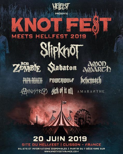 105.2k Likes, 1,368 Comments - Slipknot (@slipknot) on Instagram: “#KNOTFESTMeetsHELLFEST June 20, 2019 // Clisson, France Tickets on-sale December 07…” Gig Posters Design, European Festivals, Papa Roach, Music Festival Poster, Festivals Around The World, Tour Posters, Graphic Design Tips, Festival Design