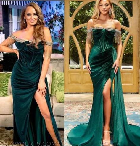 Southern Charm: Season 8 Reunion Kathryn's Green Velvet Off The Shoulder Dress Velvet Off The Shoulder Dress, Pageant Evening Gowns, Portia And Scarlett, Jeans Outfit Fall, Scarlett Dresses, Tarik Ediz, Ideas Outfit, Season 8, Fashion Tv