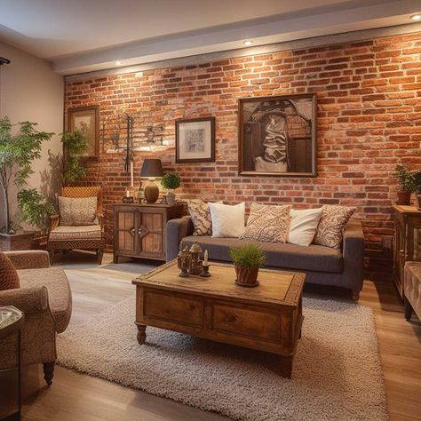 Tv Room Brick Wall, Art For Brick Wall, Exposed Brick Living Room Ideas, Colored Brick Wall Interior Design, Brick Veneer Wall Living Room, Gallery Wall On Brick, Face Brick Wall Interiors, Brick Accent Walls In Living Room, Living Room Designs With Brick Fireplace