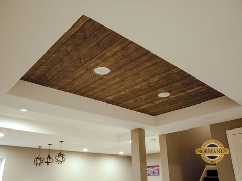 Wood Ceiling detail in Remodeled Basement Ceiling Ideas Wallpaper, Ceiling Wood Design, Wood Tray Ceiling, Remodeled Basement, Wood Beadboard, Tray Ceiling Ideas, Lakeside House, Painting A Room, Ceiling Wood