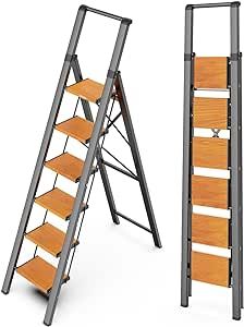 WOA WOA Step Ladder 6 Step Folding, Foldable Tall Ladder with Handrail, Aluminum Stepladder for High Ceilings, Lightweight, Deep Pedals, Anti-Slip Feet, Capacity 300 lbs - Black & Wood Grain Foldable Ladder, Tall Ladder, Step Ladder, High Ceilings, Metal Furniture, Black Wood, High Ceiling, Wood Grain, Grain