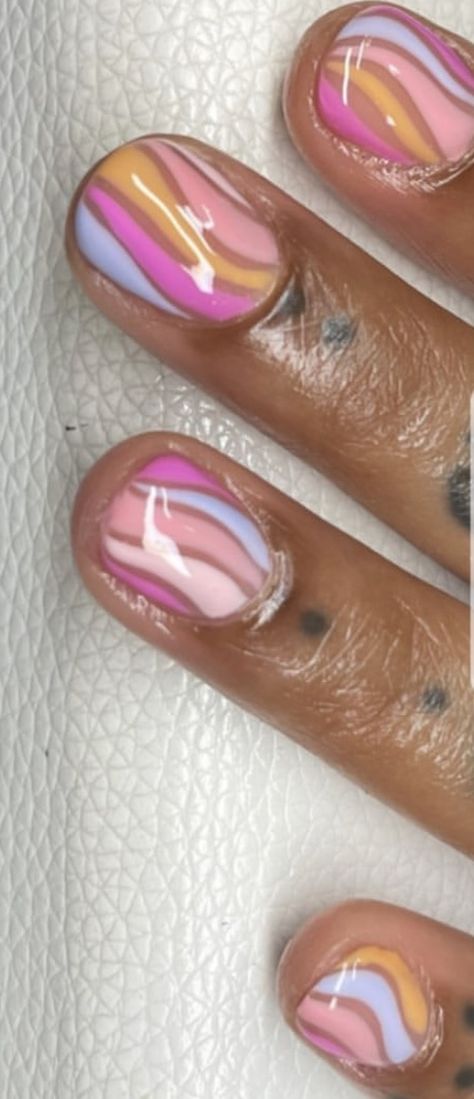 Biab Nails Swirls, Short Mismatched Nails, Mismatched Nails Summer, Biab Nail Design Lilac, Summer Mismatched Nails, Lilac Abstract Nails, Nail Art Inspo, Nails Styles, Nail Decor