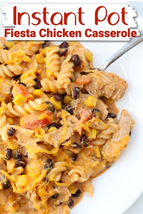 Instant Pot Fiesta Chicken Casserole--an easy chicken and noodles recipe with cheese, sour cream, picante sauce, beans and corn. It's a weeknight favorite! Mexican Chicken And Rice Instant Pot Recipes, Instant Pot Dump Recipes, Chicken And Egg Noodle Recipes Instant Pot, Insta Pot Chicken Fajitas, Instant Pot Chicken Enchilada Pasta, Instant Pot Fiesta Chicken, Instapot Chicken Recipes, Instant Pot Fiesta Chicken And Rice, Easy Chicken And Noodles