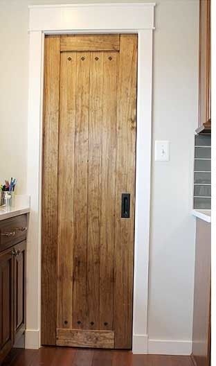 Diy Rustic Pantry, Pocket Door Kitchen, Pantry Pocket Door, Diy Pocket Door, Rustic Pantry Door, Dutch Doors Diy, Small Closet Door Ideas, Bedroom Door Handles, Interior Pocket Doors